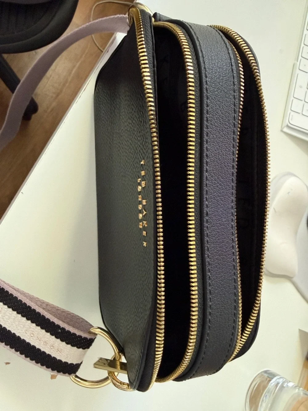 Ted Baker Black Pebbled Leather Crossbody with Pink and Black Striped Strap - Picture 6 of 7